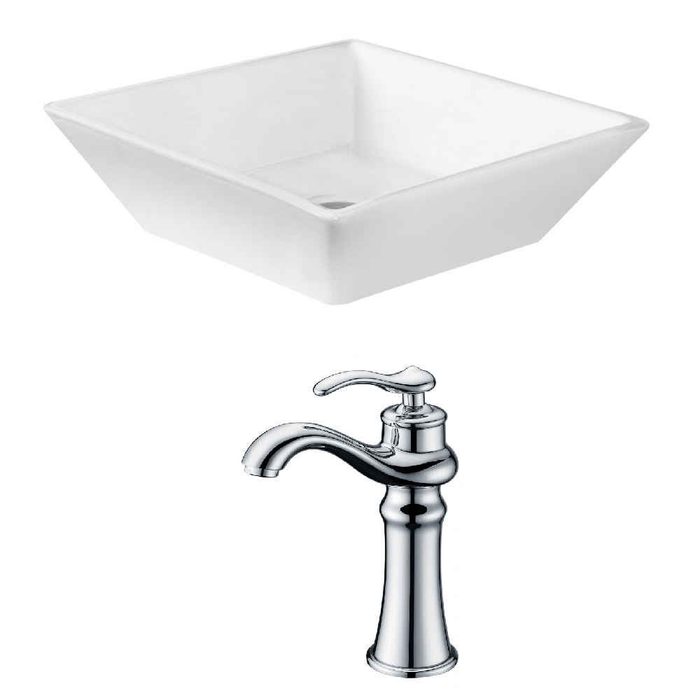15.75 x 15.75 in White Square Ceramic Bathroom Vessel Sink Set