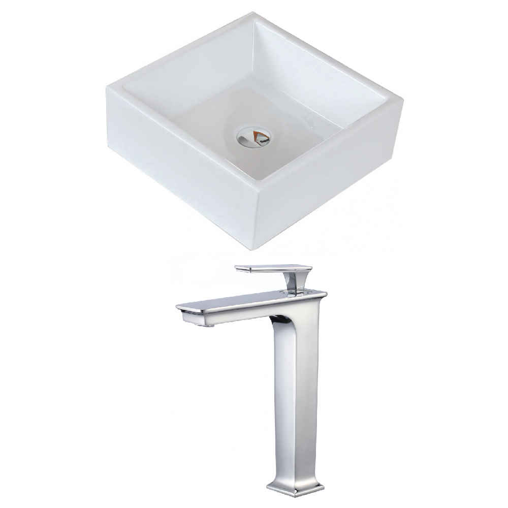 14.75 x 14.75 in White Square Ceramic Bathroom Vessel Sink Set