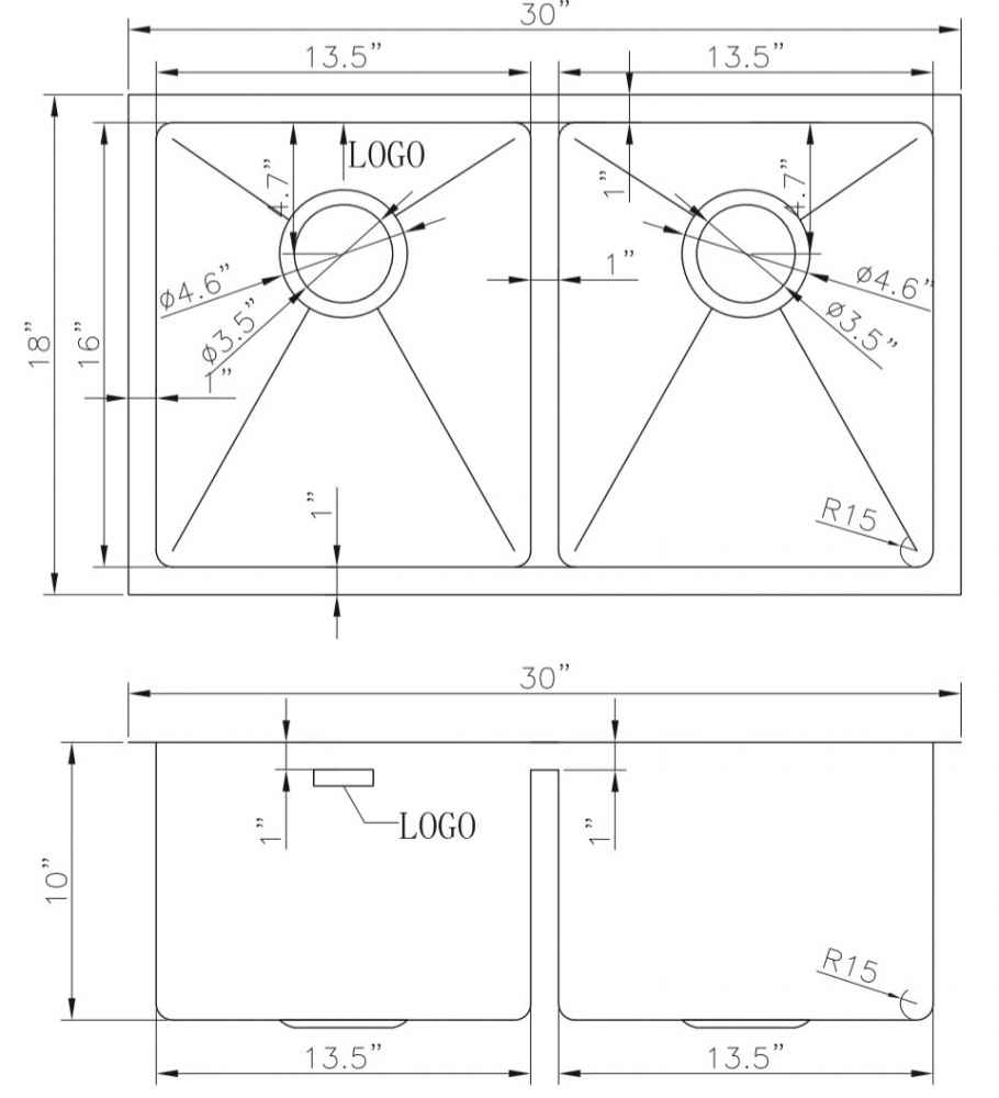 30 x 18 in Stainless Steel Rectangle 18 Gauge Double Bowl Undermount Kitchen Sink, CSA Certified