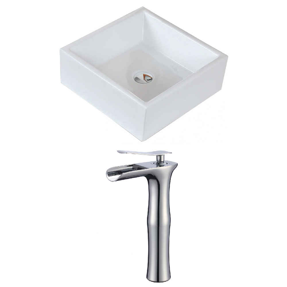 14.75 x 14.75 in White Square Ceramic Bathroom Vessel Sink Set