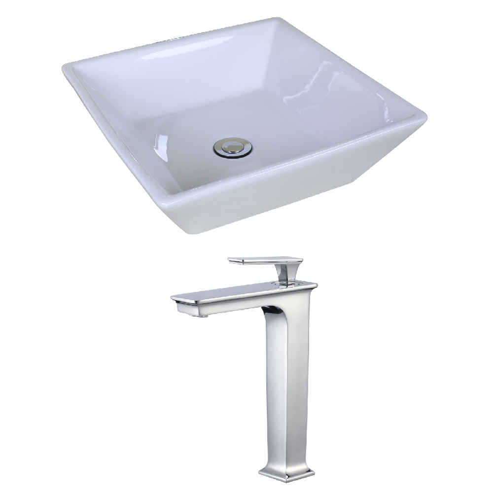 15.75 x 15.75 in White Square Ceramic Bathroom Vessel Sink Set, CSA Certified