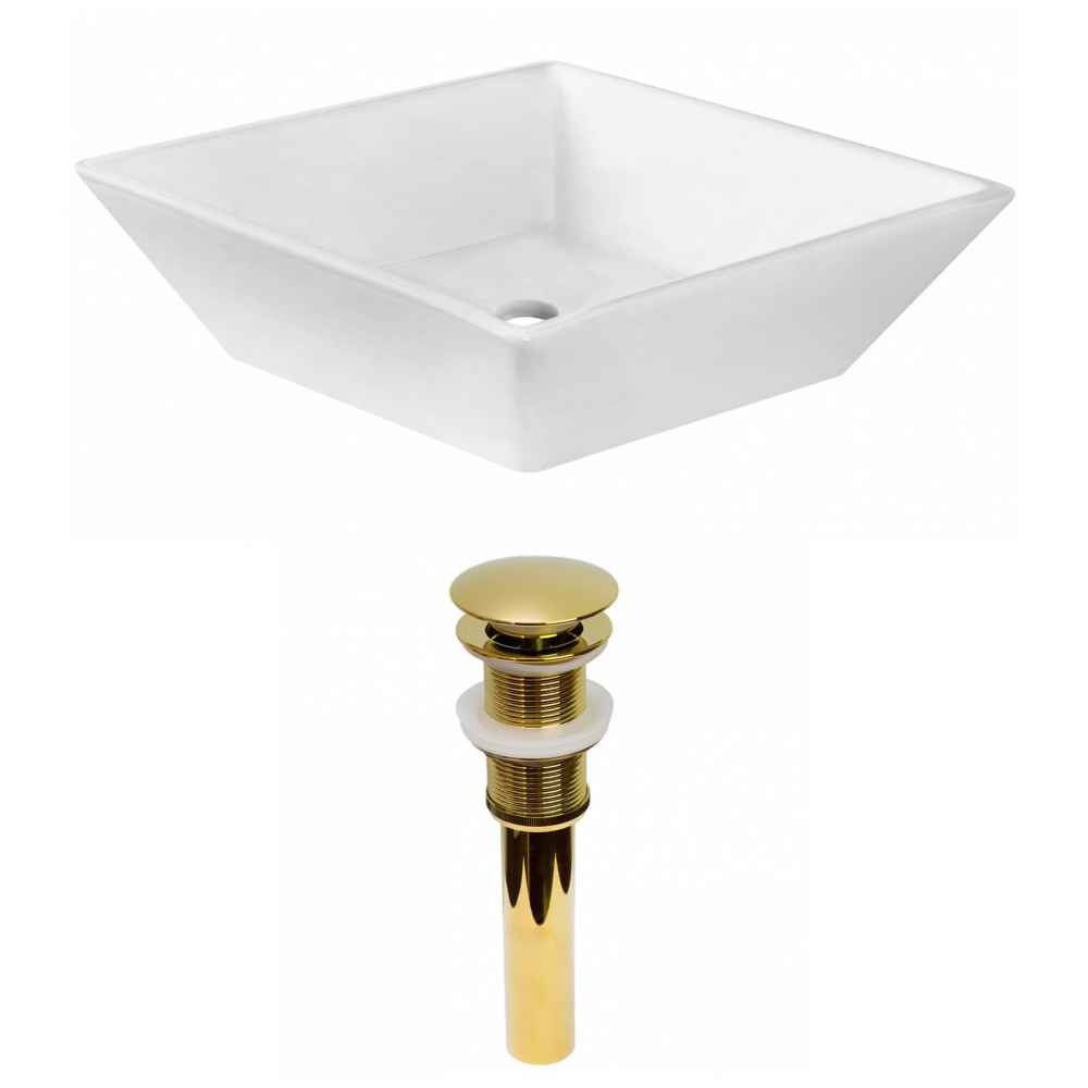 15.75 x 15.75 in White Square Ceramic Bathroom Vessel Sink Set