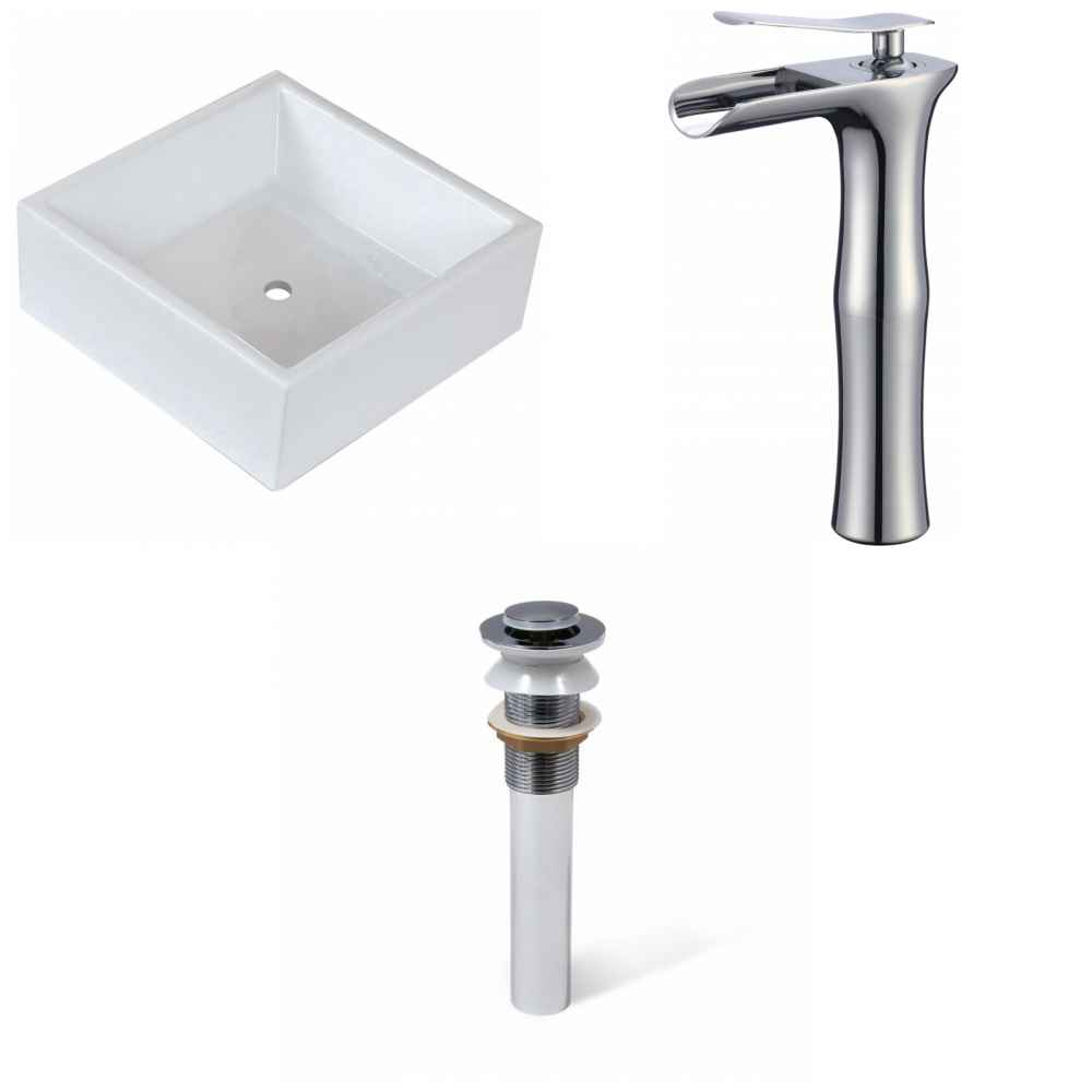 14.75 x 14.75 in White Square Ceramic Bathroom Vessel Sink Set