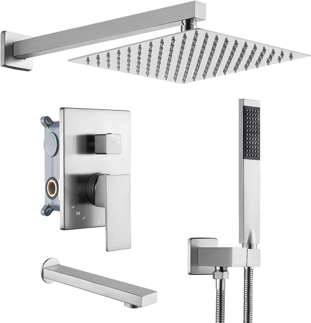 13.4 x 6.8 in Brushed Nickel Rectangle Brass Shower Kit, CUPC Certified