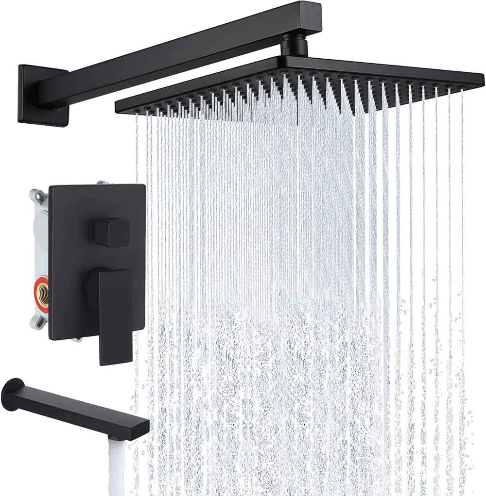 16 x 6.79 in Matte Black Square Brass Shower Kit, CUPC Certified