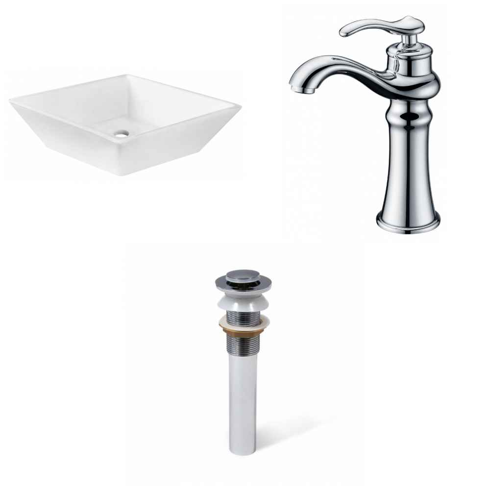 15.75 x 15.75 in White Square Ceramic Bathroom Vessel Sink Set
