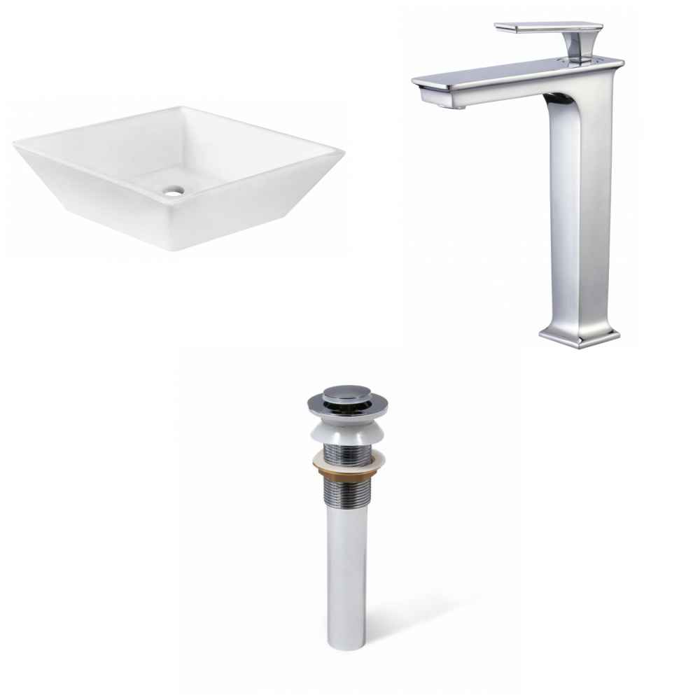 15.75 x 15.75 in White Square Ceramic Bathroom Vessel Sink Set
