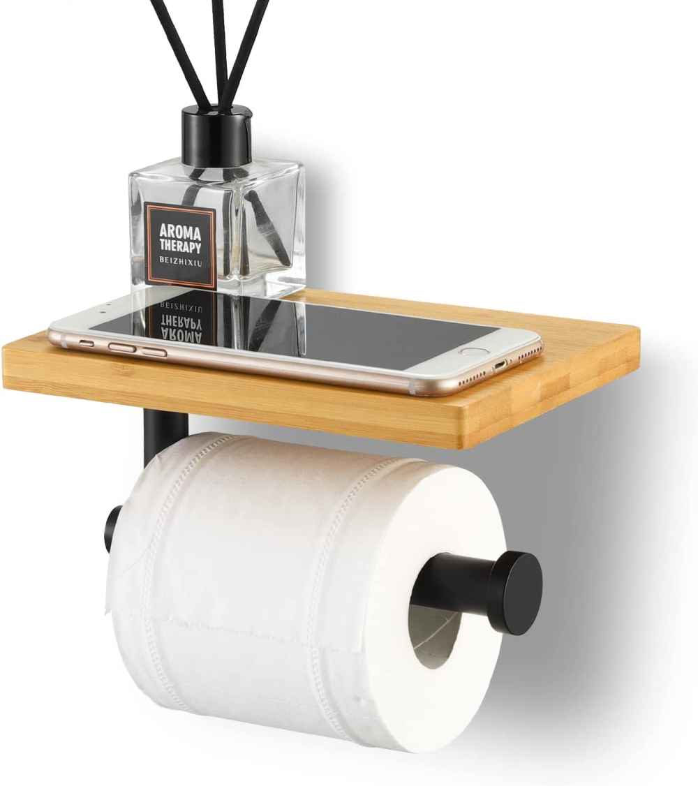 5.11 x 2.79 in Matte Black Stainless Steel-Bamboo Toilet Paper Roll Holder