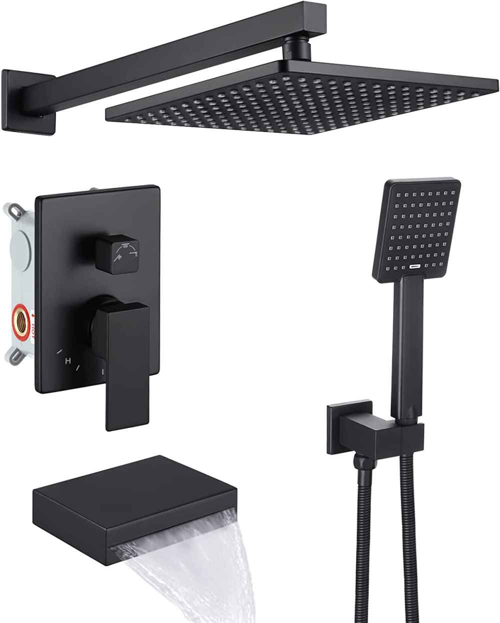 13.2 x 6.9 in Matte Black Square Metal Shower Kit, CUPC Certified