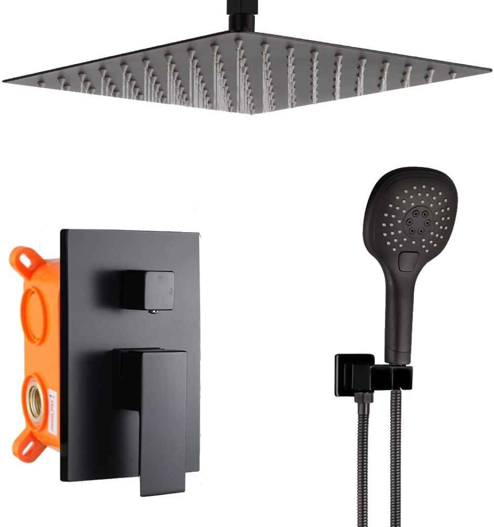 14.29 x 9.9 in Black Square Stainless Steel-Brass Shower Kit, CUPC Certified