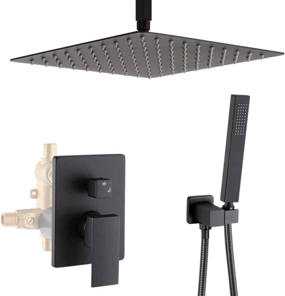 13.61 x 7.4 in Black Square Stainless Steel-Brass Shower Kit, CUPC Certified