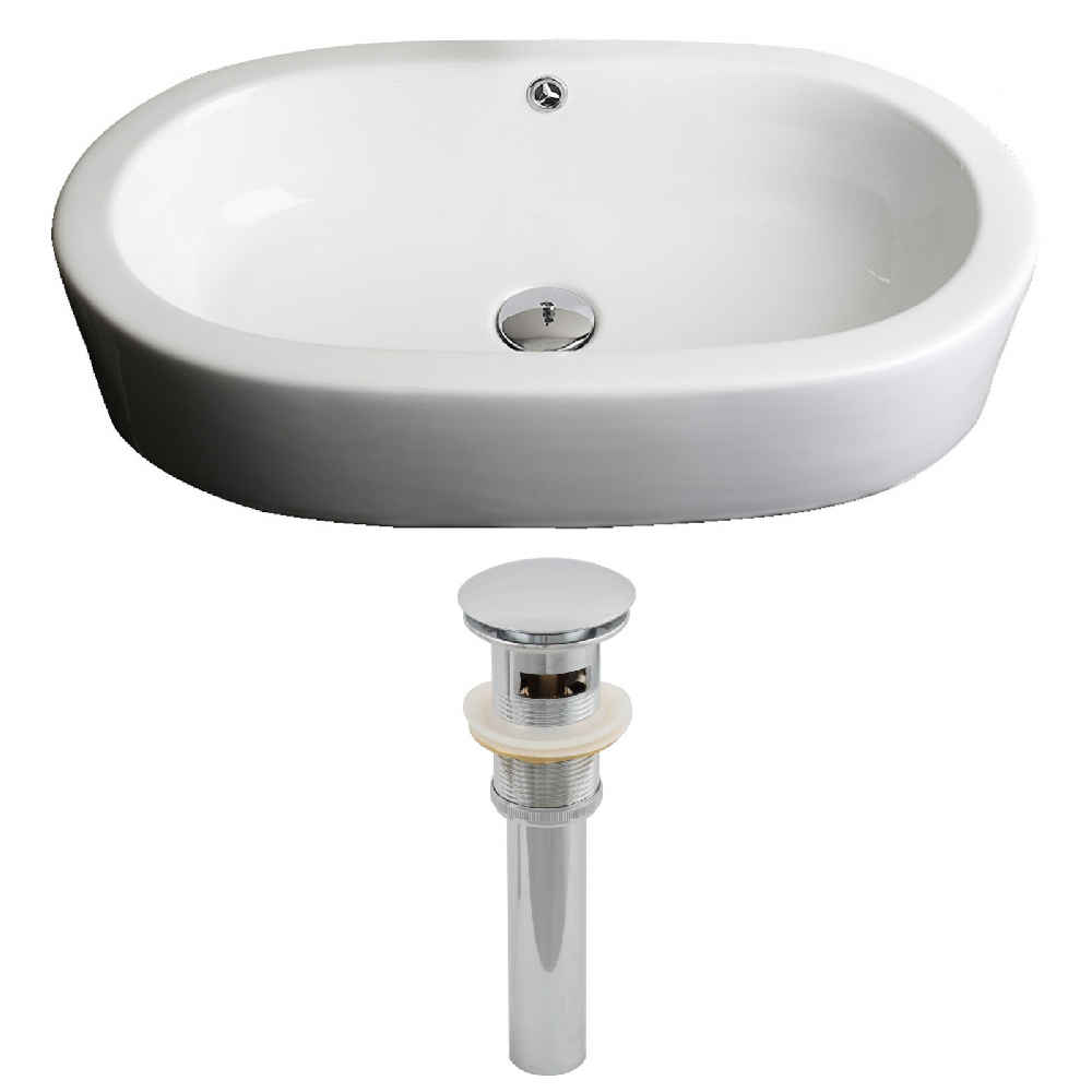 25.25-in. x 14.5-in. Oval Bathroom Vessel Sink Set White Enamel Glaze