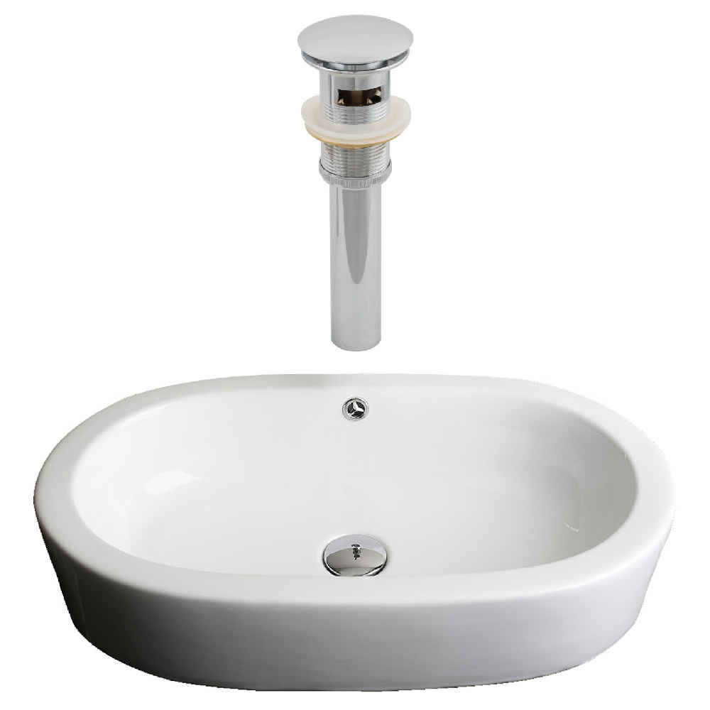 25.25-in. x 14.5-in. Oval Bathroom Vessel Sink Set White Enamel Glaze