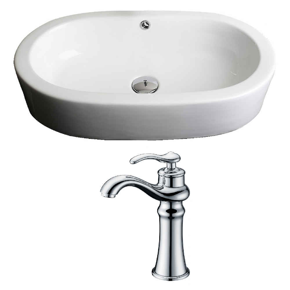 25.25-in. x 14.5-in. Oval Bathroom Vessel Sink Set White Enamel Glaze