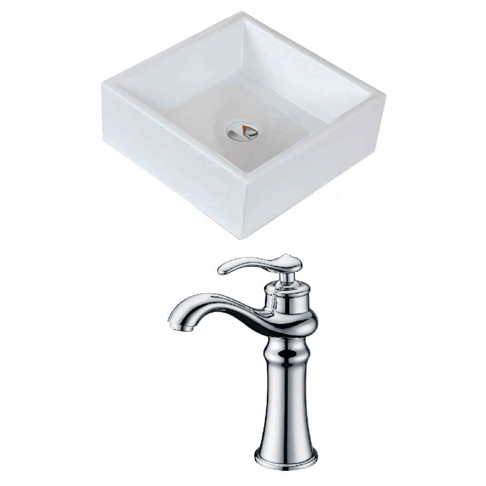 14.75-in. x 14.75-in. Square Bathroom Vessel Sink Set White Enamel Glaze