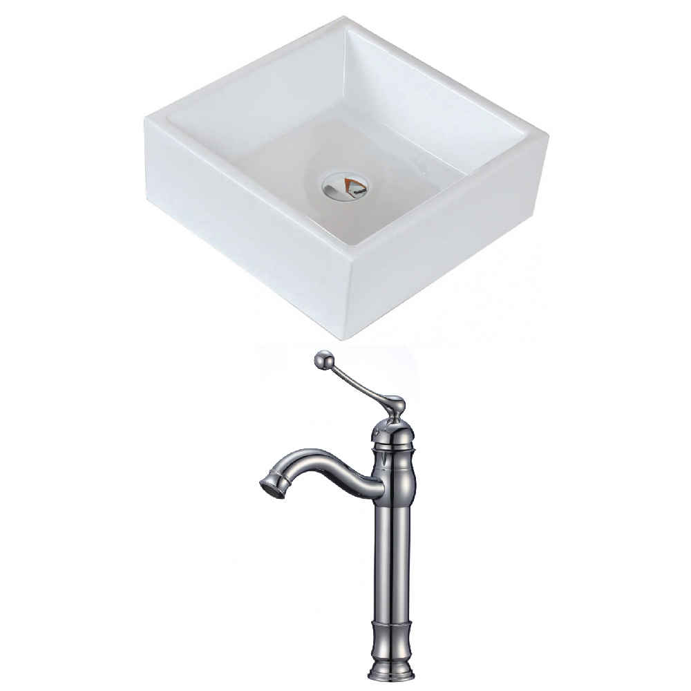 14.75-in. x 14.75-in. Square Bathroom Vessel Sink Set White Enamel Glaze