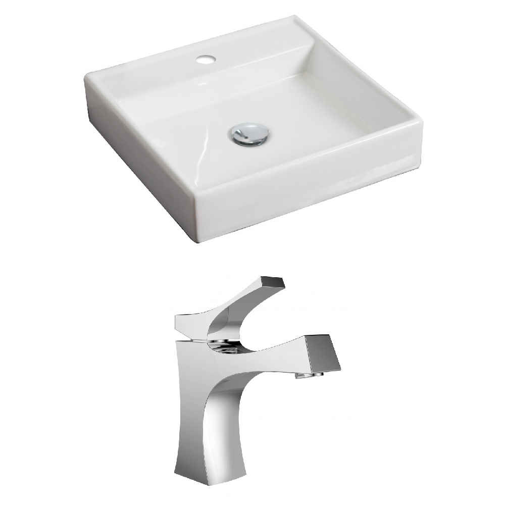 17.5-in. x 17.5-in. Square Bathroom Vessel Sink Set White Enamel Glaze