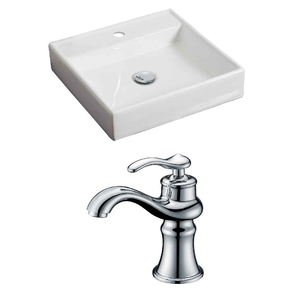 17.5-in. x 17.5-in. Square Bathroom Vessel Sink Set White Enamel Glaze