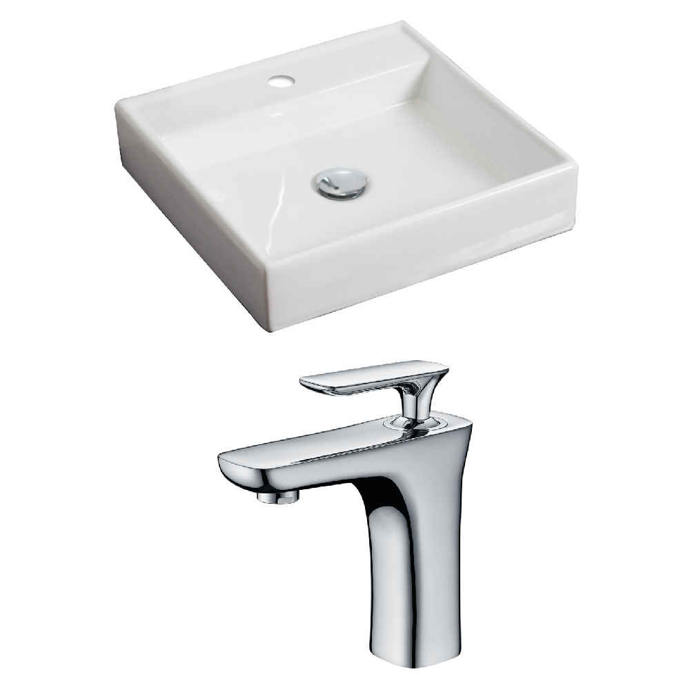 17.5-in. x 17.5-in. Square Bathroom Vessel Sink Set White Enamel Glaze