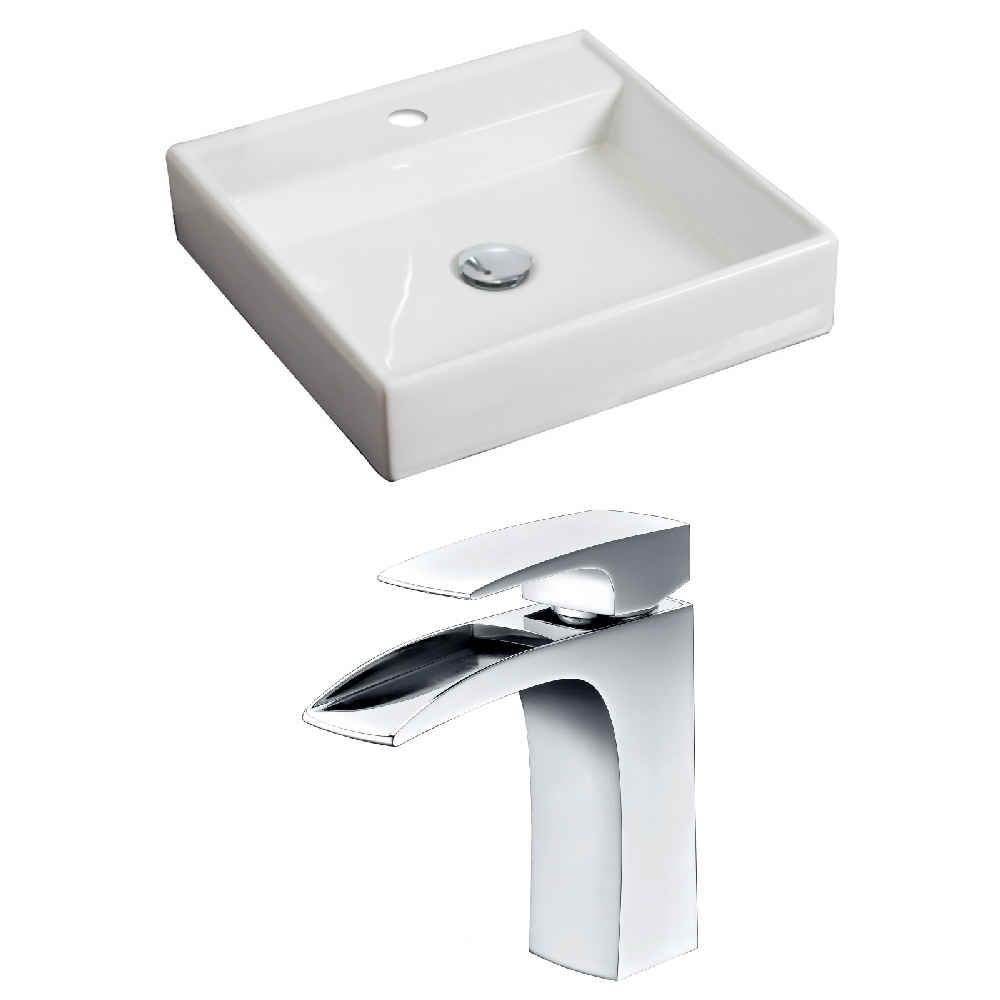17.5-in. x 17.5-in. Square Bathroom Vessel Sink Set White Enamel Glaze