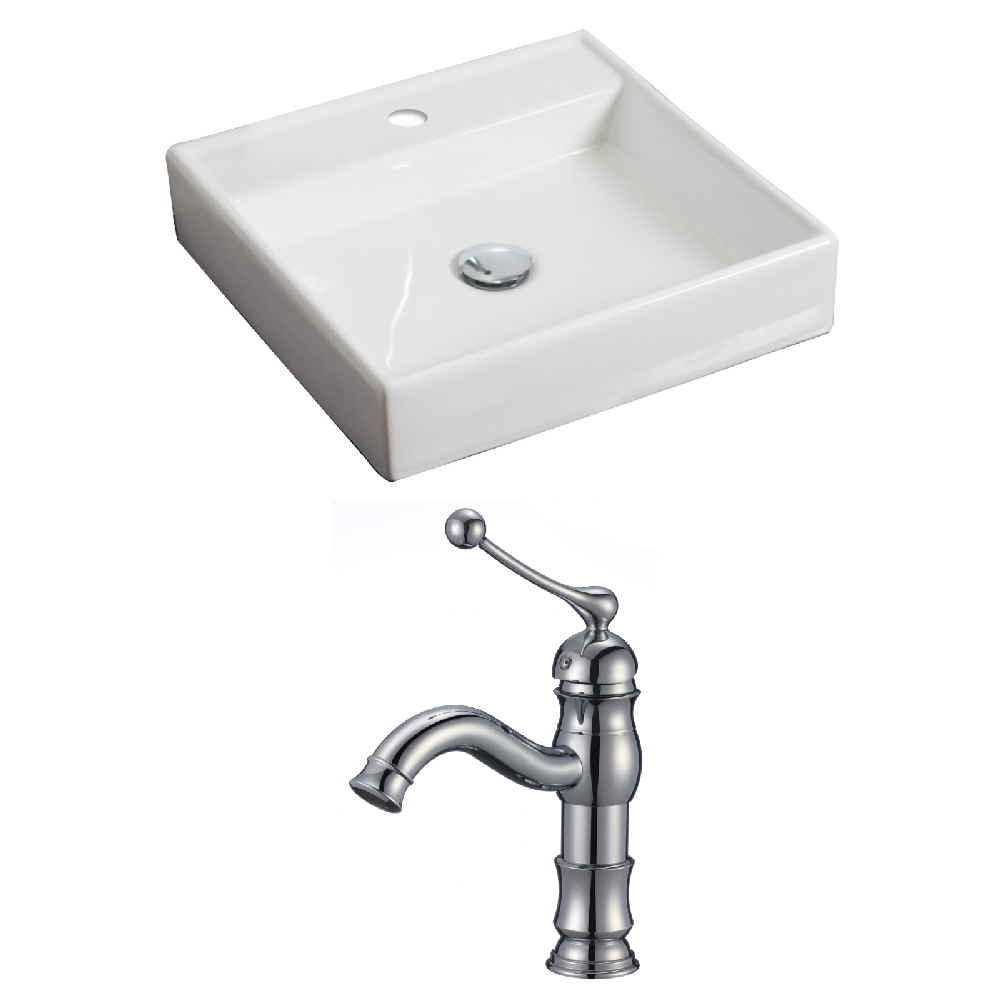 17.5-in. x 17.5-in. Square Bathroom Vessel Sink Set White Enamel Glaze