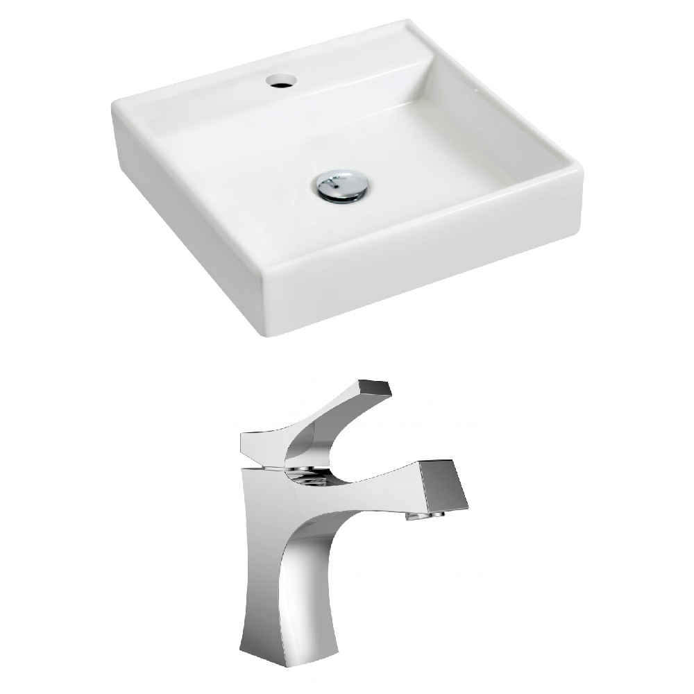 17.5-in. x 17.5-in. Square Bathroom Vessel Sink Set White Enamel Glaze