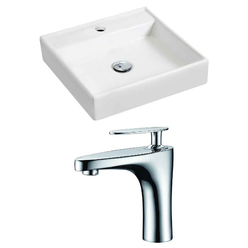 17.5-in. x 17.5-in. Square Bathroom Vessel Sink Set White Enamel Glaze
