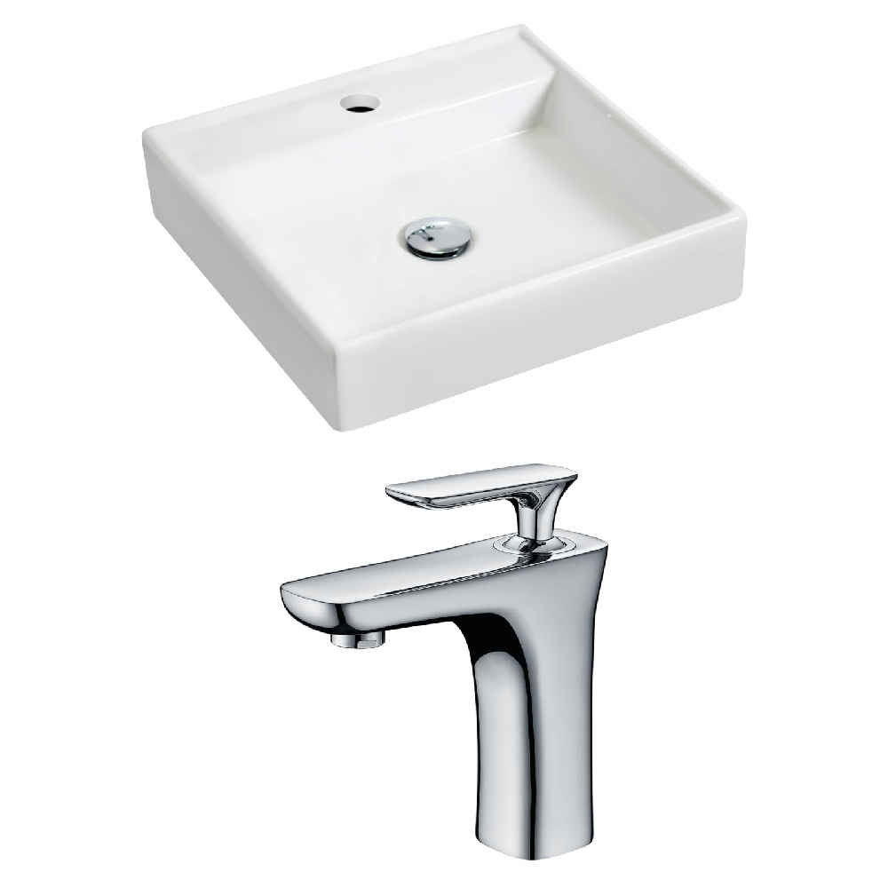 17.5-in. x 17.5-in. Square Bathroom Vessel Sink Set White Enamel Glaze