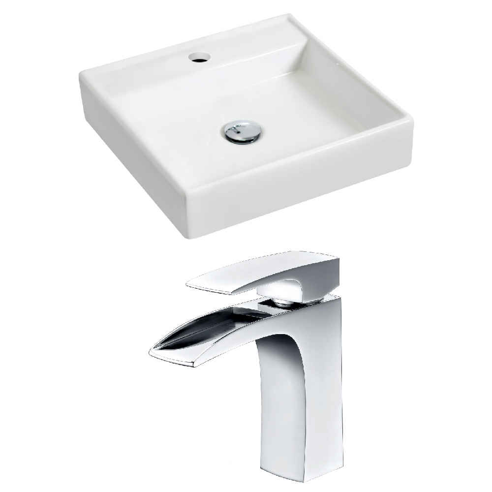 17.5-in. x 17.5-in. Square Bathroom Vessel Sink Set White Enamel Glaze