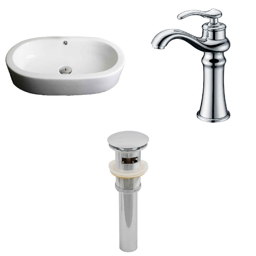 25.25-in. x 14.5-in. Oval Bathroom Vessel Sink Set White Enamel Glaze