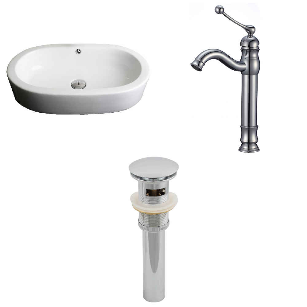 25.25-in. x 14.5-in. Oval Bathroom Vessel Sink Set White Enamel Glaze