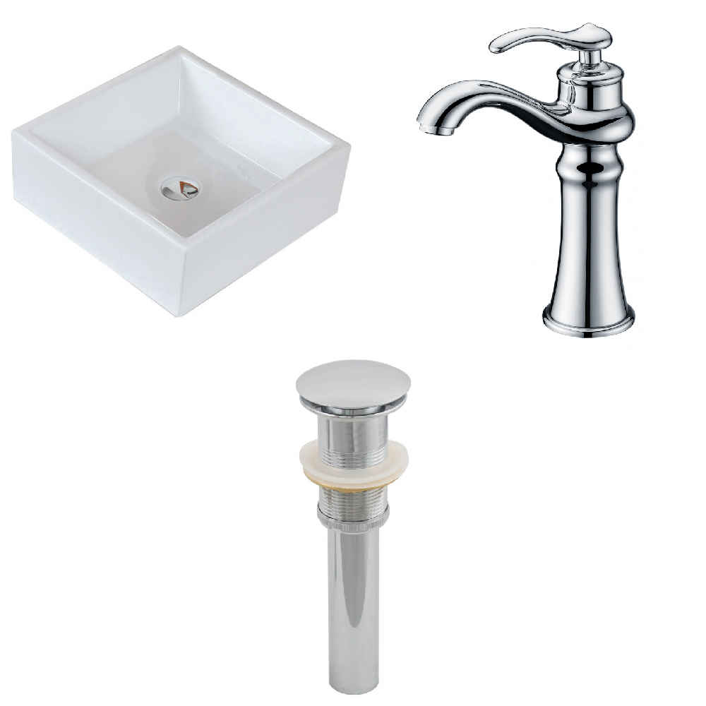14.75-in. x 14.75-in. Square Bathroom Vessel Sink Set White Enamel Glaze