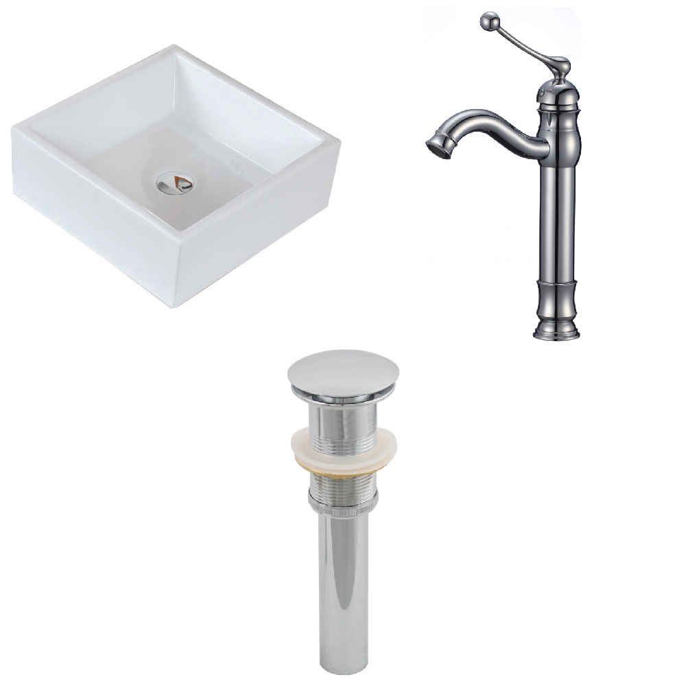 14.75-in. x 14.75-in. Square Bathroom Vessel Sink Set White Enamel Glaze