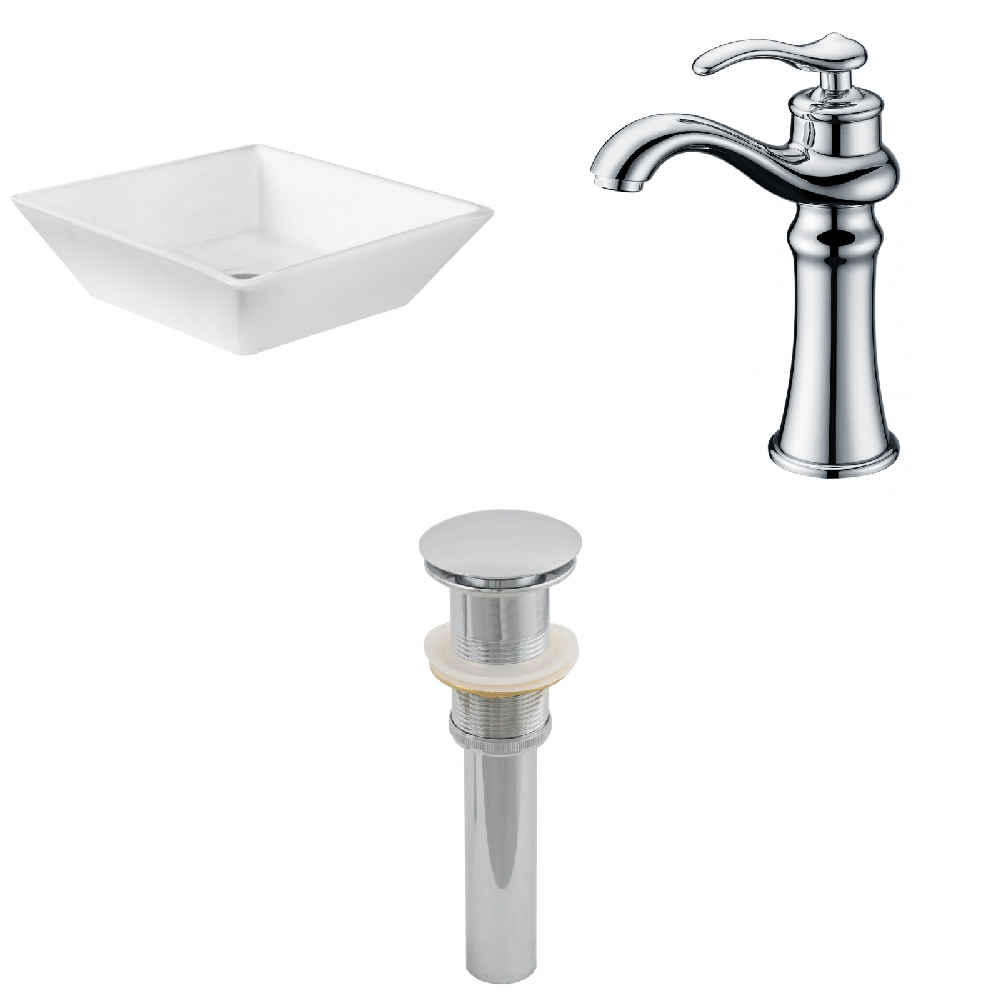 15.75-in. x 15.75-in. Square Bathroom Vessel Sink Set White Enamel Glaze