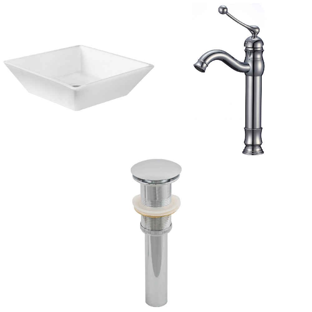 15.75-in. x 15.75-in. Square Bathroom Vessel Sink Set White Enamel Glaze