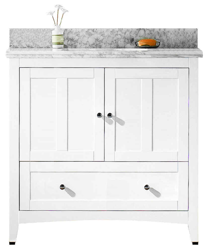 36-in. W Floor Mount White Vanity Set For 3H4-in. Drilling Bianca Carara Top Biscuit UM Sink