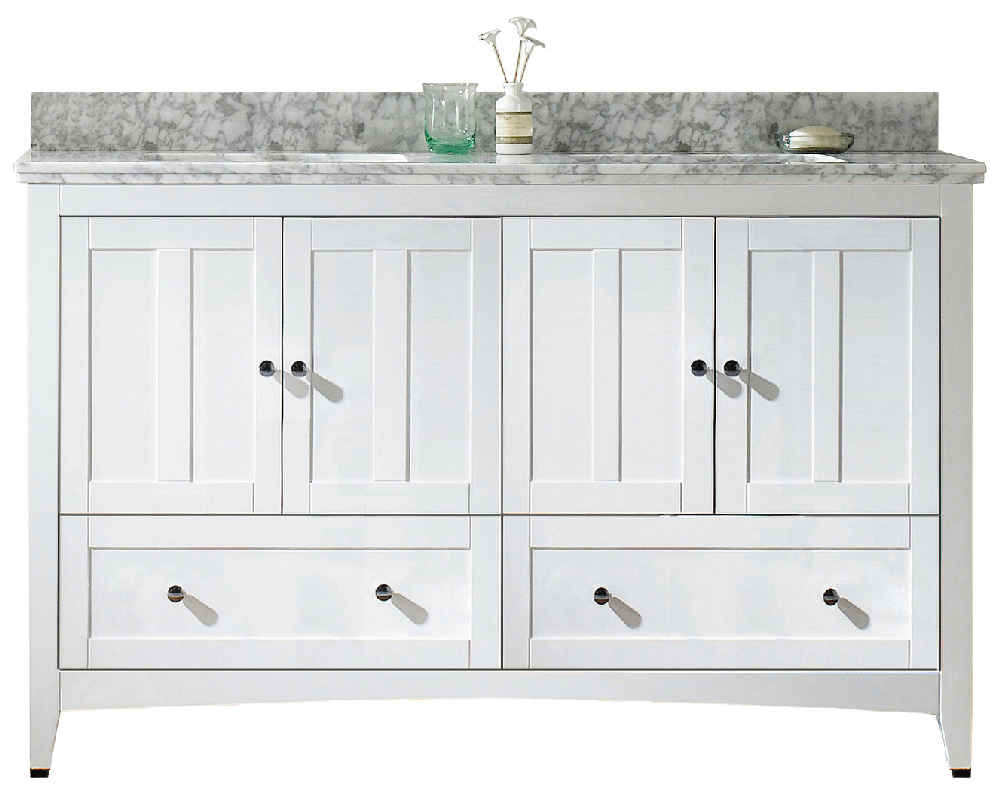 59-in. W Floor Mount White Vanity Set For 1 Hole Drilling Bianca Carara Top Biscuit UM Sink