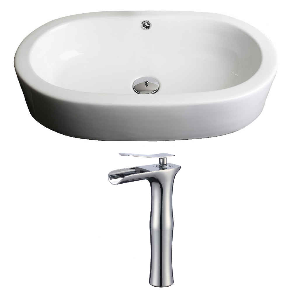 25.25-in. x 14.5-in. Oval Bathroom Vessel Sink Set White Enamel Glaze