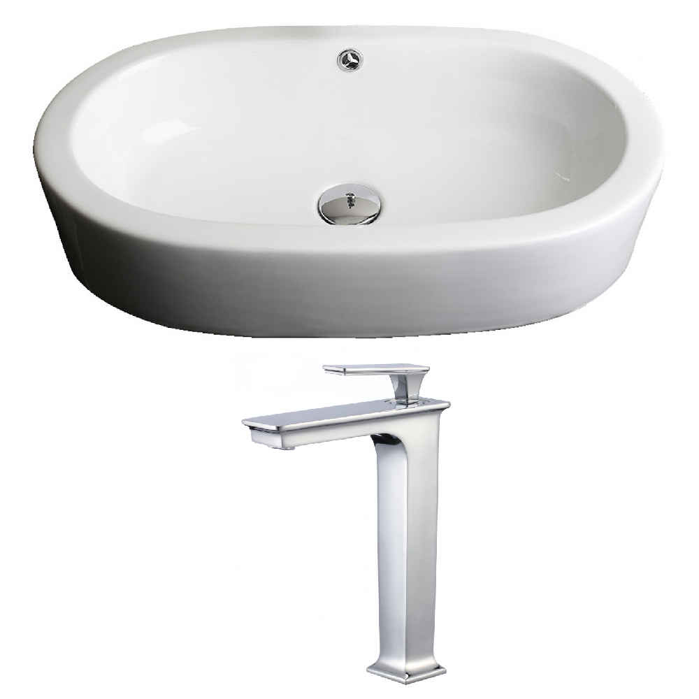25.25-in. x 14.5-in. Oval Bathroom Vessel Sink Set White Enamel Glaze