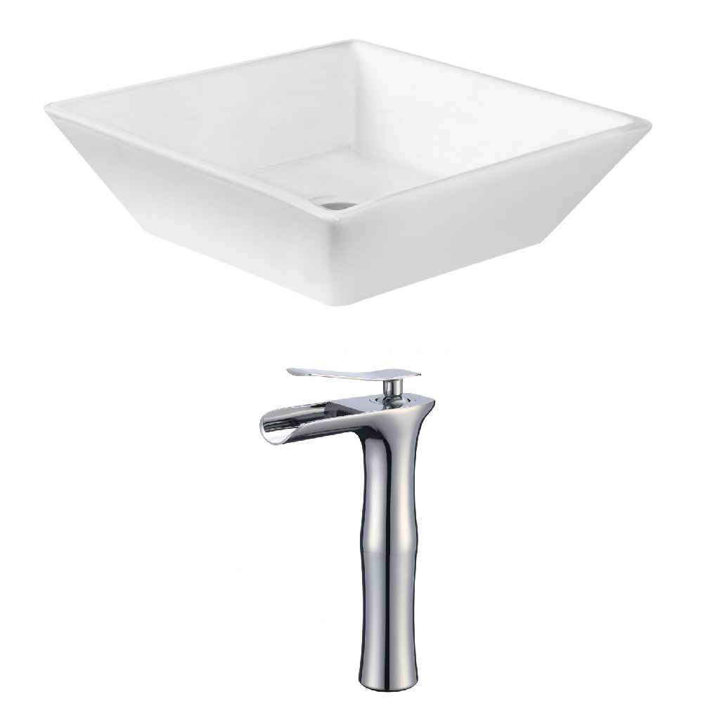 15.75-in. x 15.75-in. Square Bathroom Vessel Sink Set White Enamel Glaze