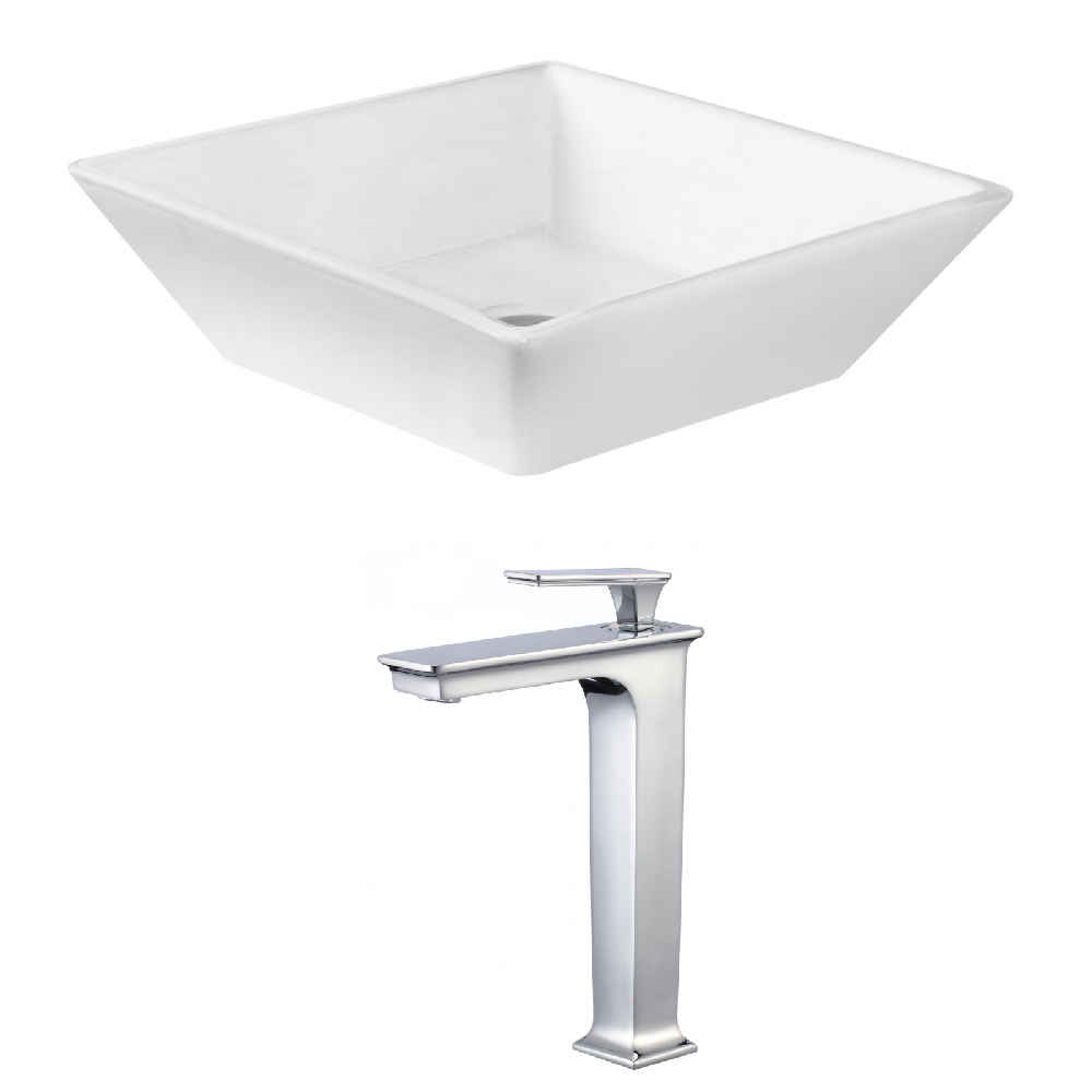 15.75-in. x 15.75-in. Square Bathroom Vessel Sink Set White Enamel Glaze