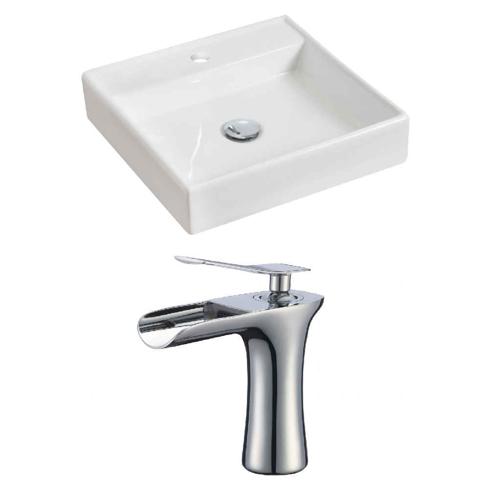 17.5-in. x 17.5-in. Square Bathroom Vessel Sink Set White Enamel Glaze