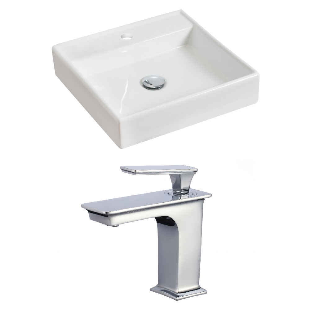 17.5-in. x 17.5-in. Square Bathroom Vessel Sink Set White Enamel Glaze