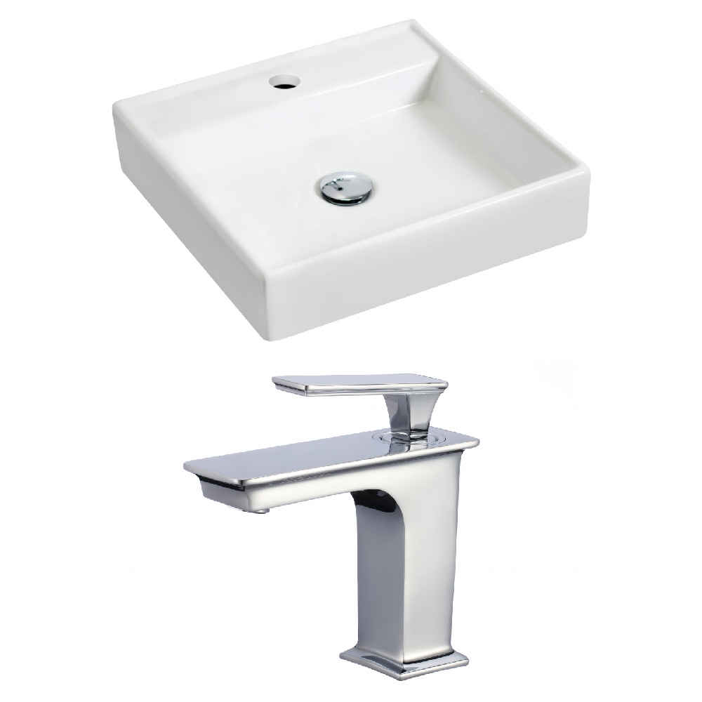 17.5-in. x 17.5-in. Square Bathroom Vessel Sink Set White Enamel Glaze