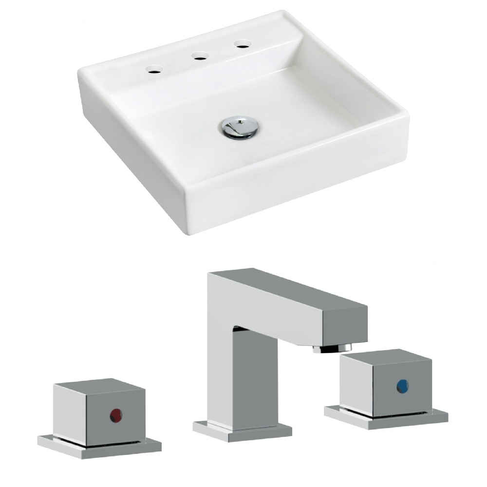 17.5-in. x 17.5-in. Square Bathroom Vessel Sink Set White Enamel Glaze