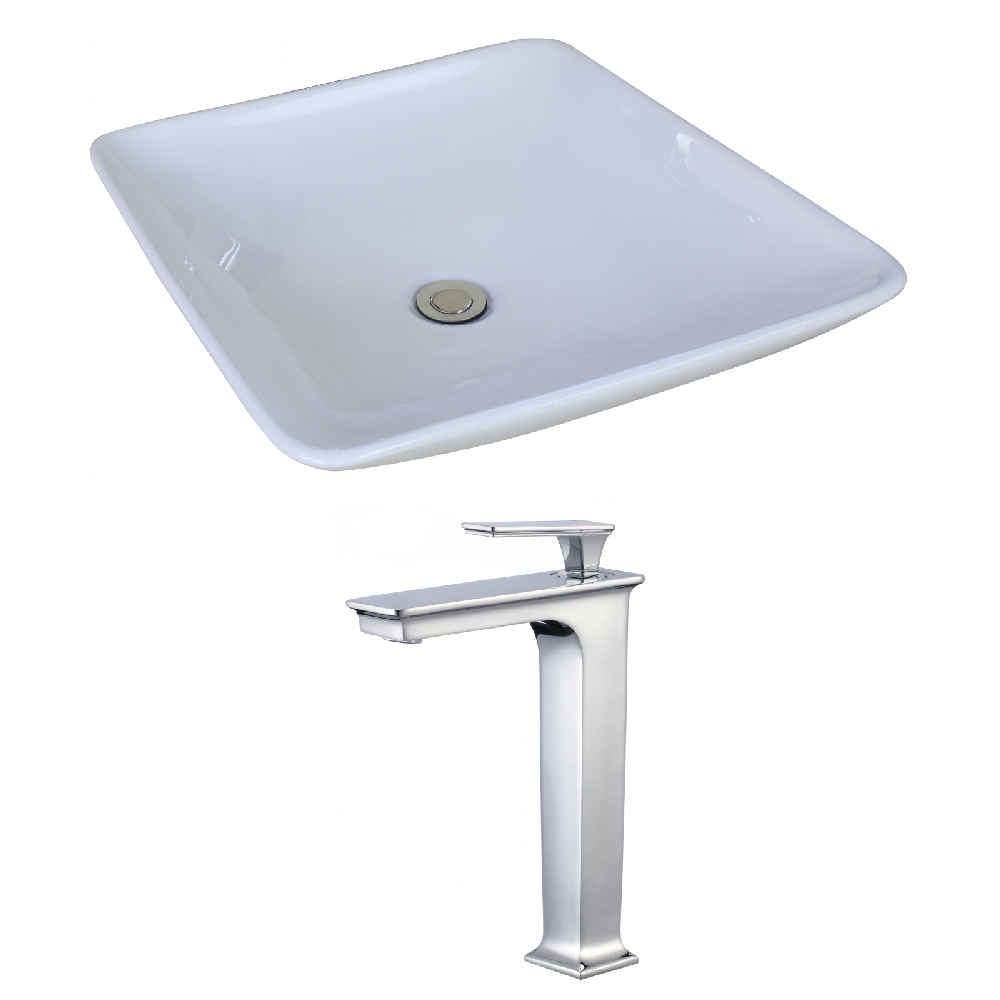 16.75-in. x 16.75-in. Square Bathroom Vessel Sink Set White Enamel Glaze