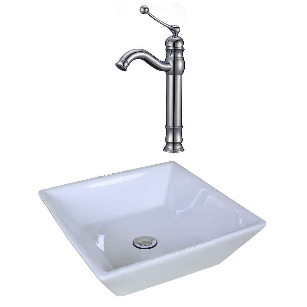15.75-in. x 15.75-in. Square Bathroom Vessel Sink Set White Enamel Glaze