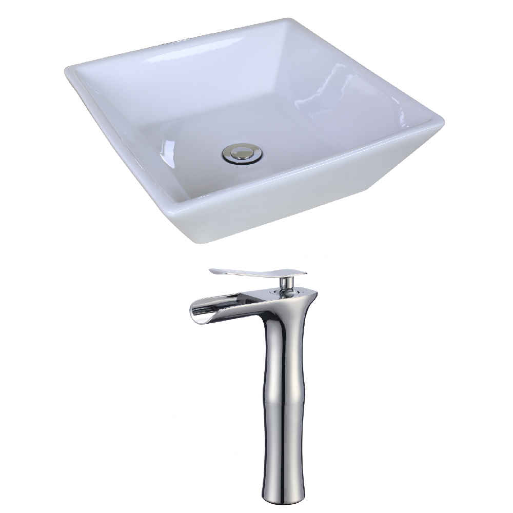 15.75-in. x 15.75-in. Square Bathroom Vessel Sink Set White Enamel Glaze