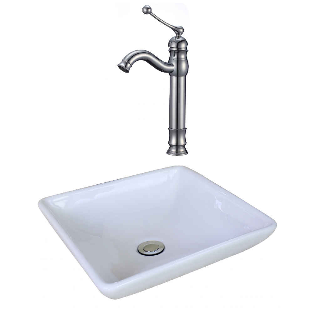 15.75-in. x 15.75-in. Square Bathroom Vessel Sink Set White Enamel Glaze