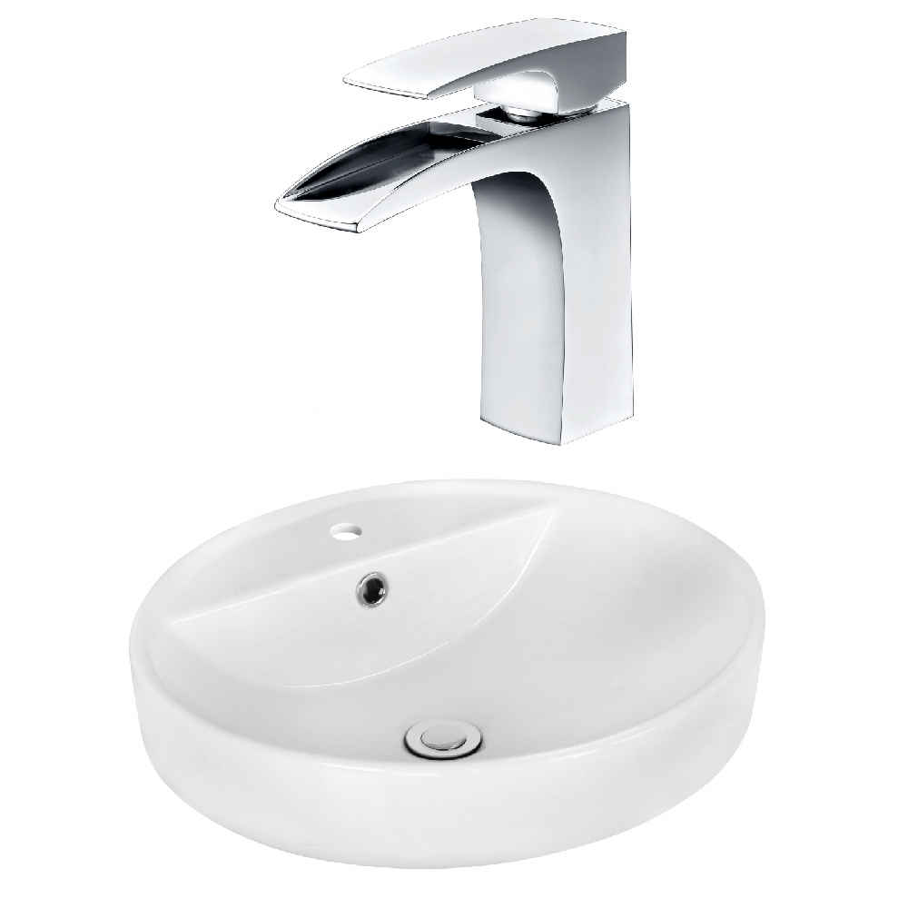 18.1-in. x 18.1-in. Round Bathroom Vessel Sink Set White Enamel Glaze